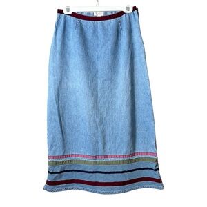 Christopher & Banks Denim‎ Blue Cotton Maxi Skirt 8 Boho Cottagecore Striped Hem